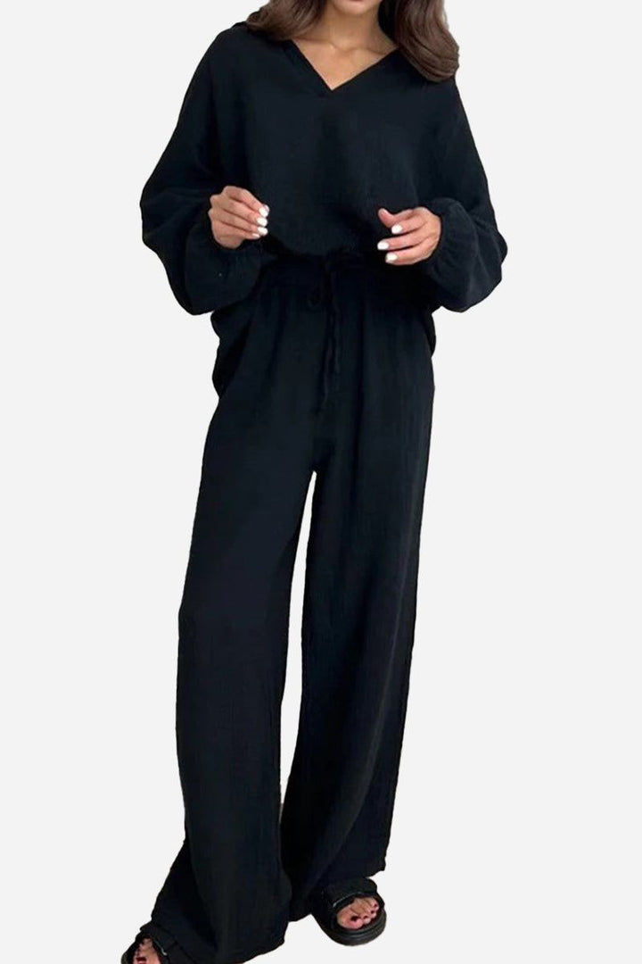 100% Cotton Collared Two-piece Set With Bishop Sleeves black image 1 