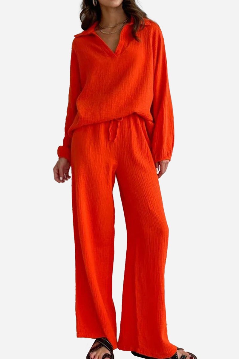 100% Cotton Collared Two-piece Set With Bishop Sleeves red image 1 