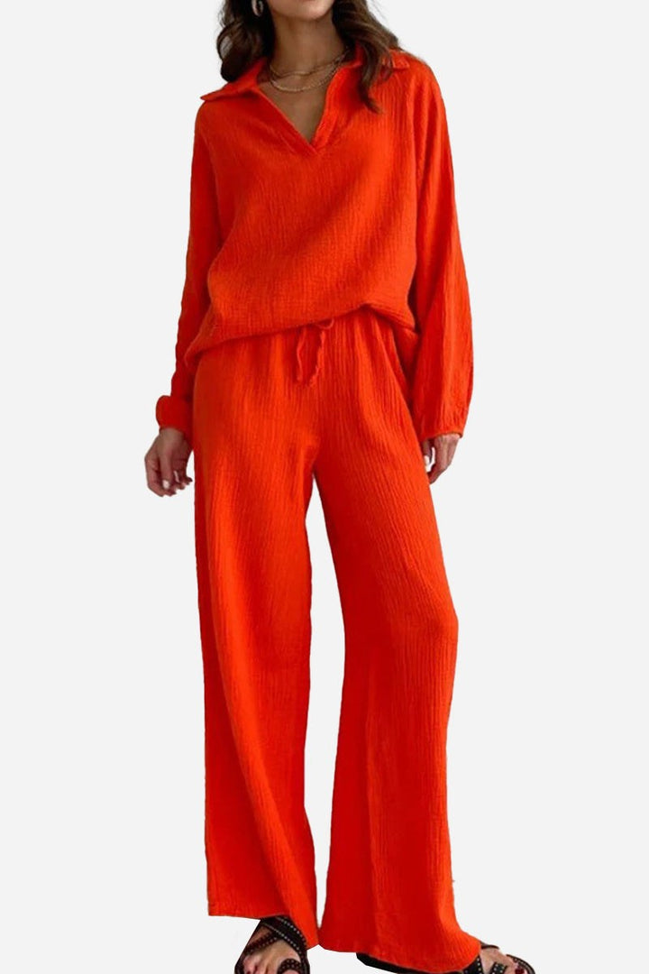 100% Cotton Collared Two-piece Set With Bishop Sleeves red image 1 