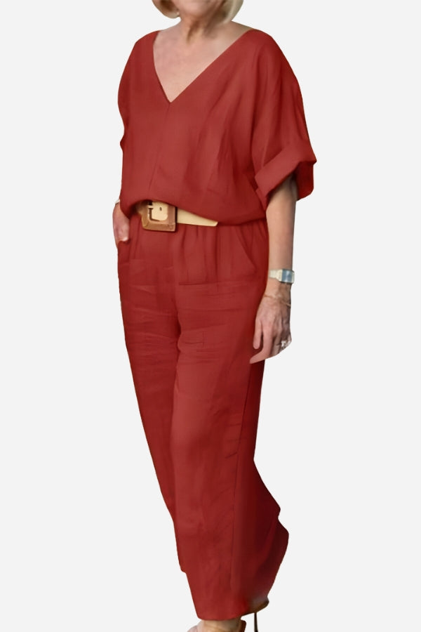 V-neck Cotton Two-Piece Trouser Set red orange image 1 