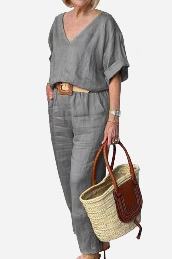 V-neck Cotton Two-Piece Trouser Set gray image 1 