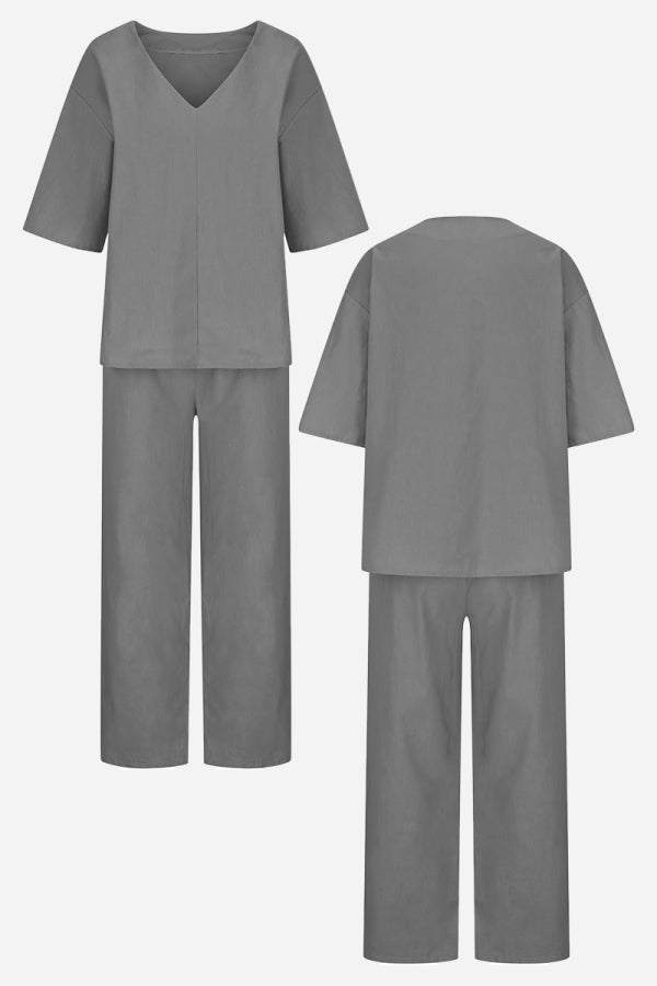 V-neck Cotton Two-Piece Trouser Set gray image 2 