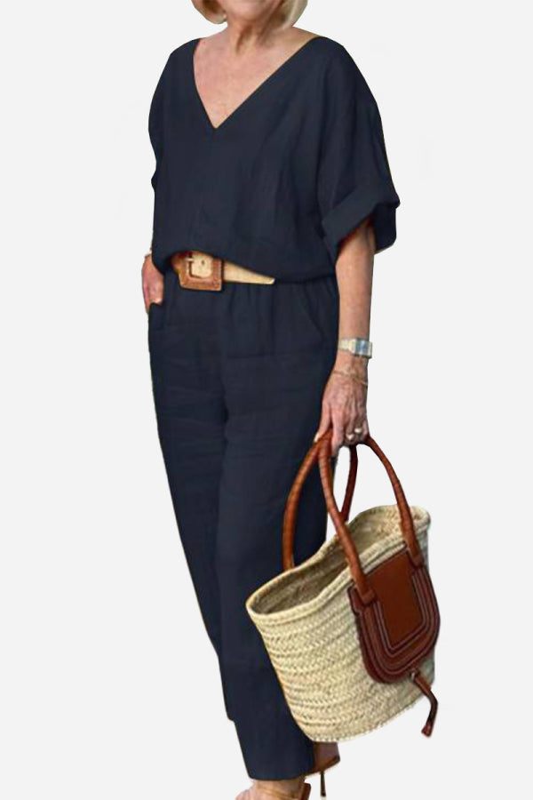 V-neck Cotton Two-Piece Trouser Set navy blue image 1 