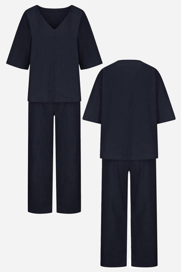 V-neck Cotton Two-Piece Trouser Set navy blue image 2 
