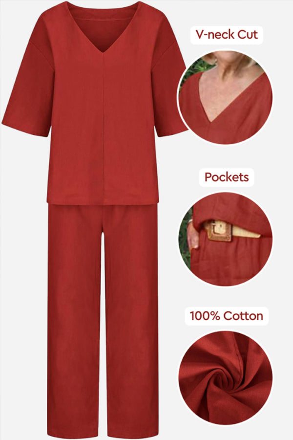 V-neck Cotton Two-Piece Trouser Set red orange image 2 