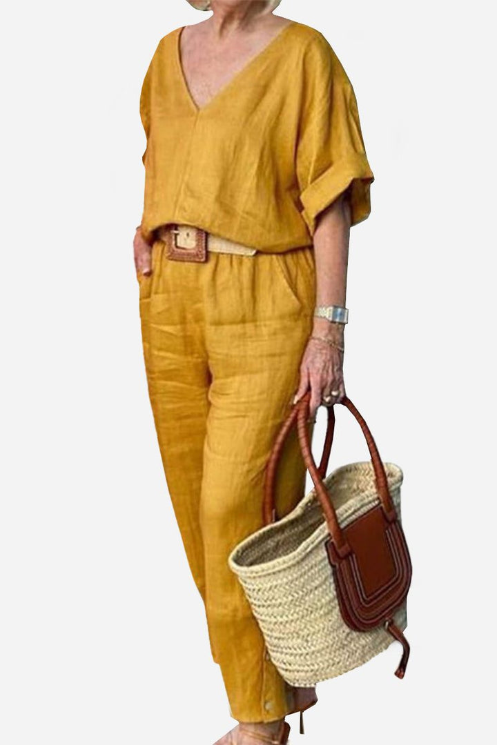 V-neck Cotton Two-Piece Trouser Set yellow image 1 