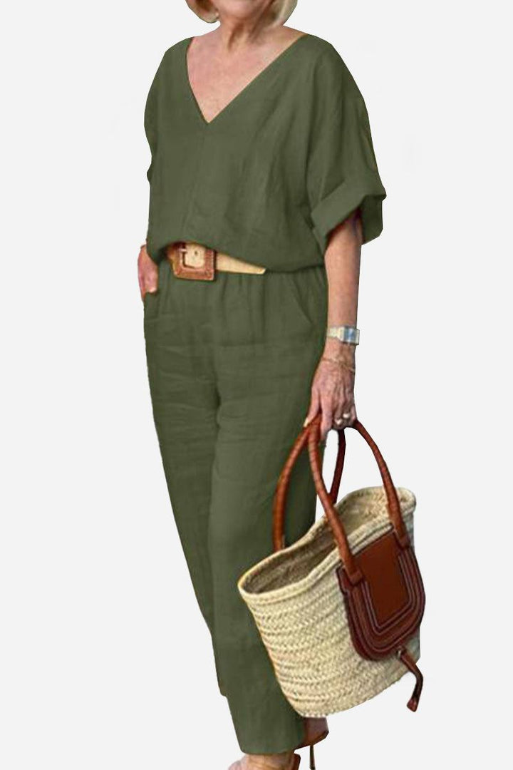 V-neck Cotton Two-Piece Trouser Set army green image 1 
