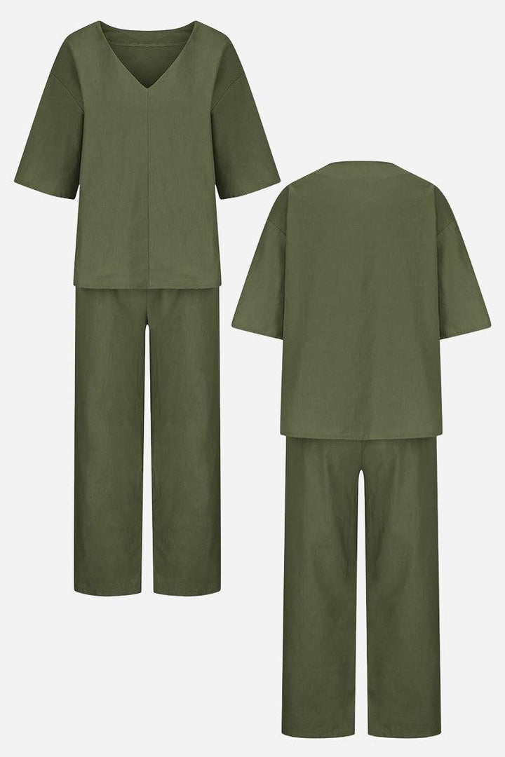 V-neck Cotton Two-Piece Trouser Set army green image 2 