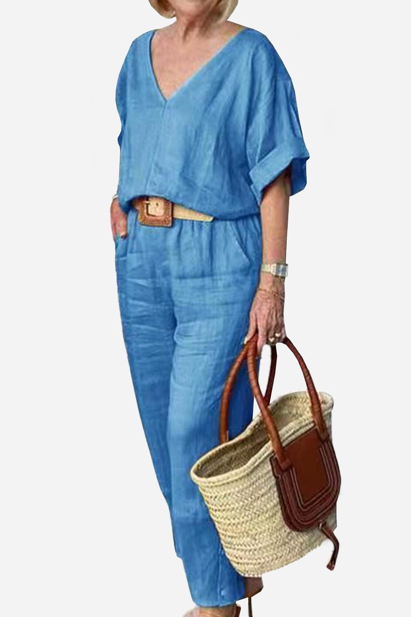 V-neck Cotton Two-Piece Trouser Set light blue image 1 
