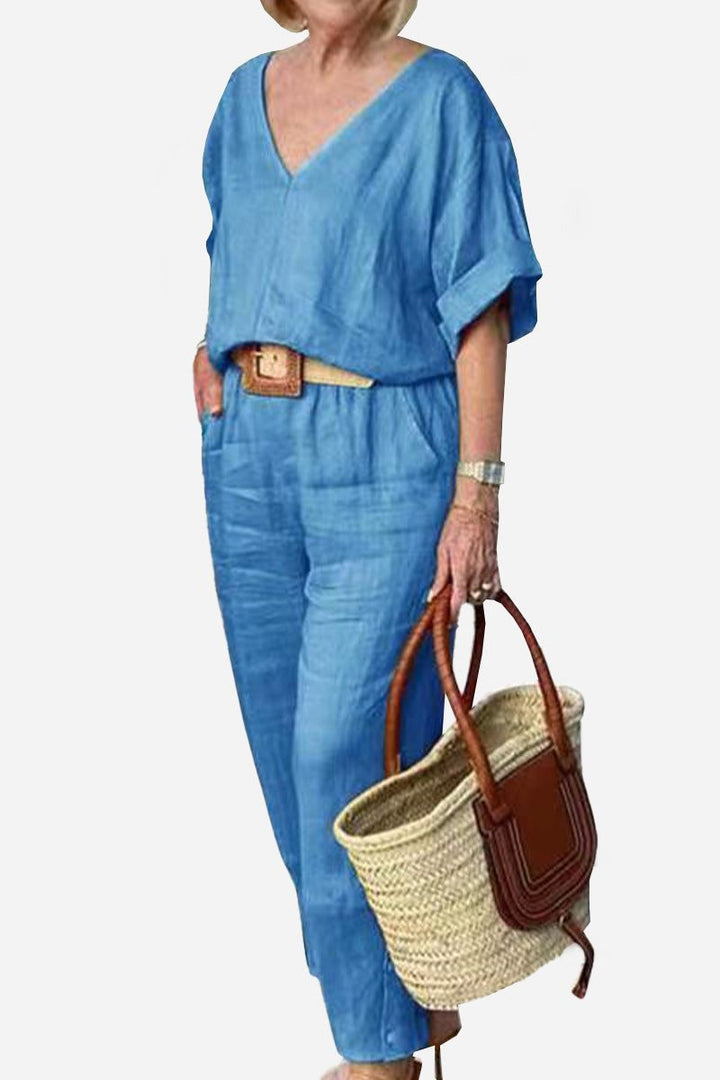 V-neck Cotton Two-Piece Trouser Set light blue image 1 