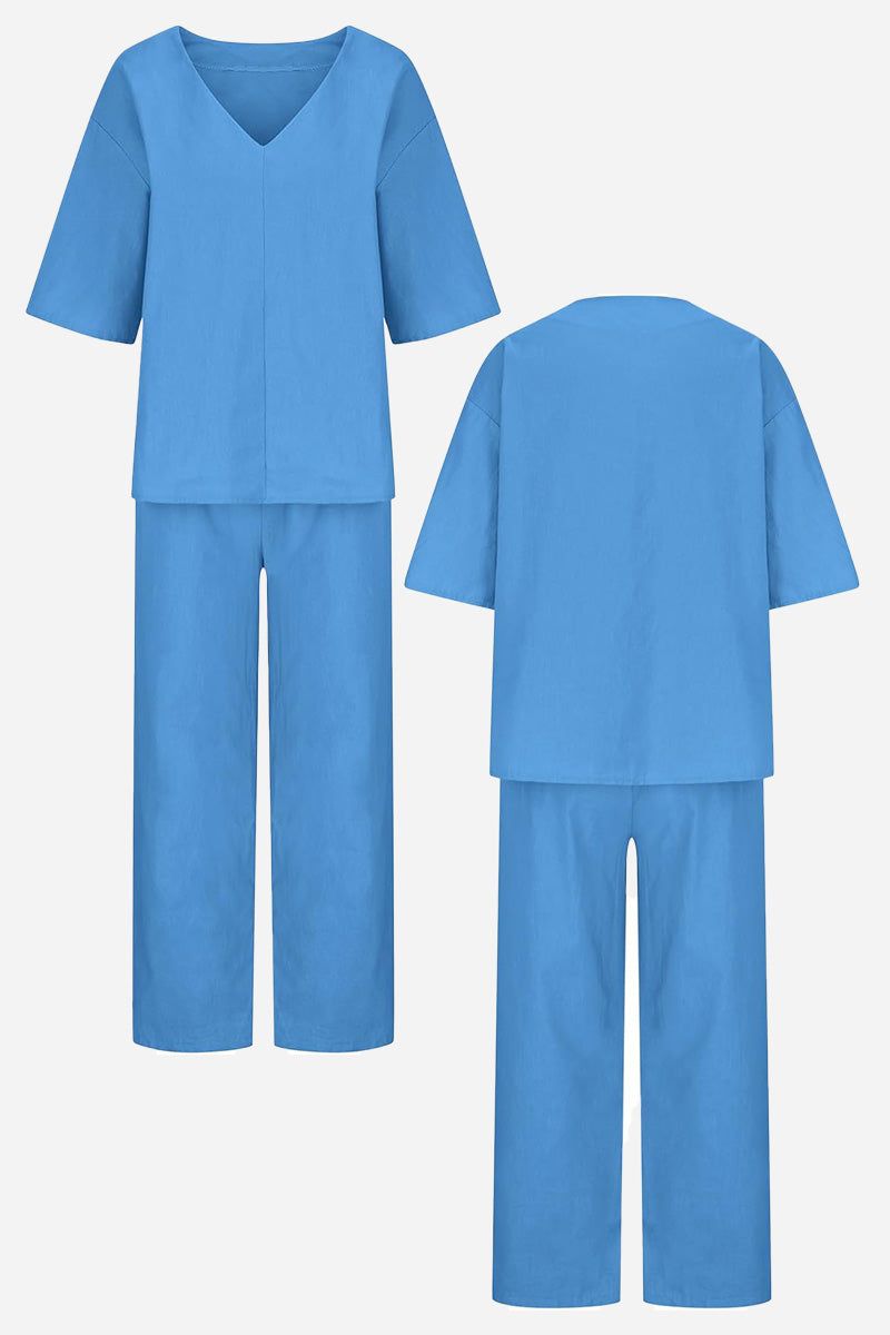 V-neck Cotton Two-Piece Trouser Set light blue image 2 