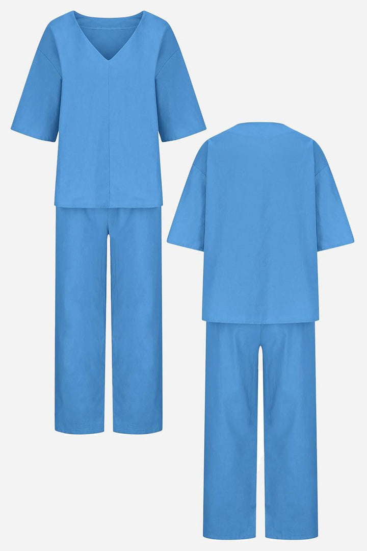 V-neck Cotton Two-Piece Trouser Set light blue image 2 