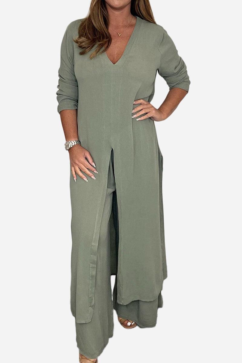 Urban Chic V-Neck Split Top Two-Piece Set