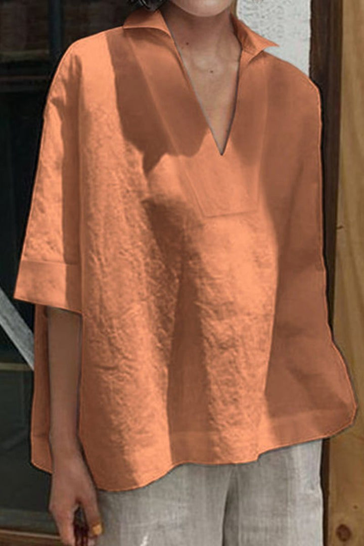 Cotton-Linen V-Neck  Relaxed Fit Shirt