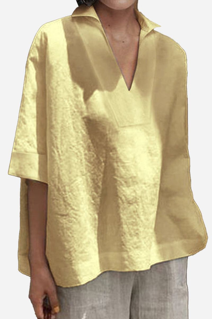 Cotton-Linen V-Neck  Relaxed Fit Shirt