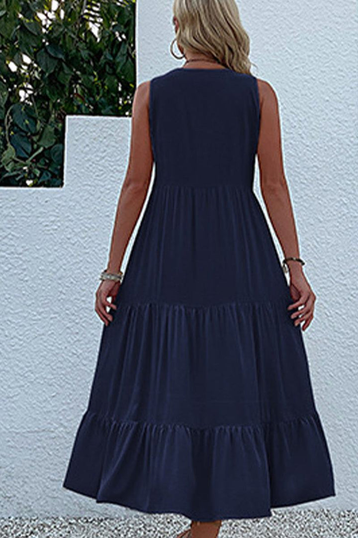 Bohemian Tiered Midi Dress with V-Neck Button Detail