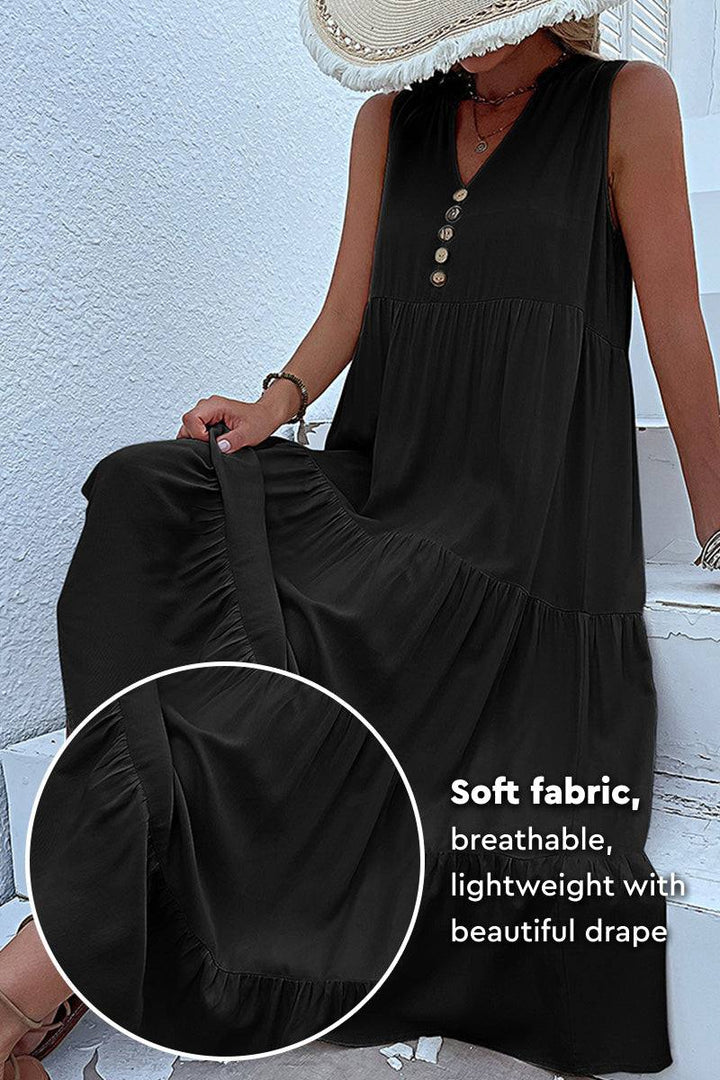Bohemian Tiered Midi Dress with V-Neck Button Detail