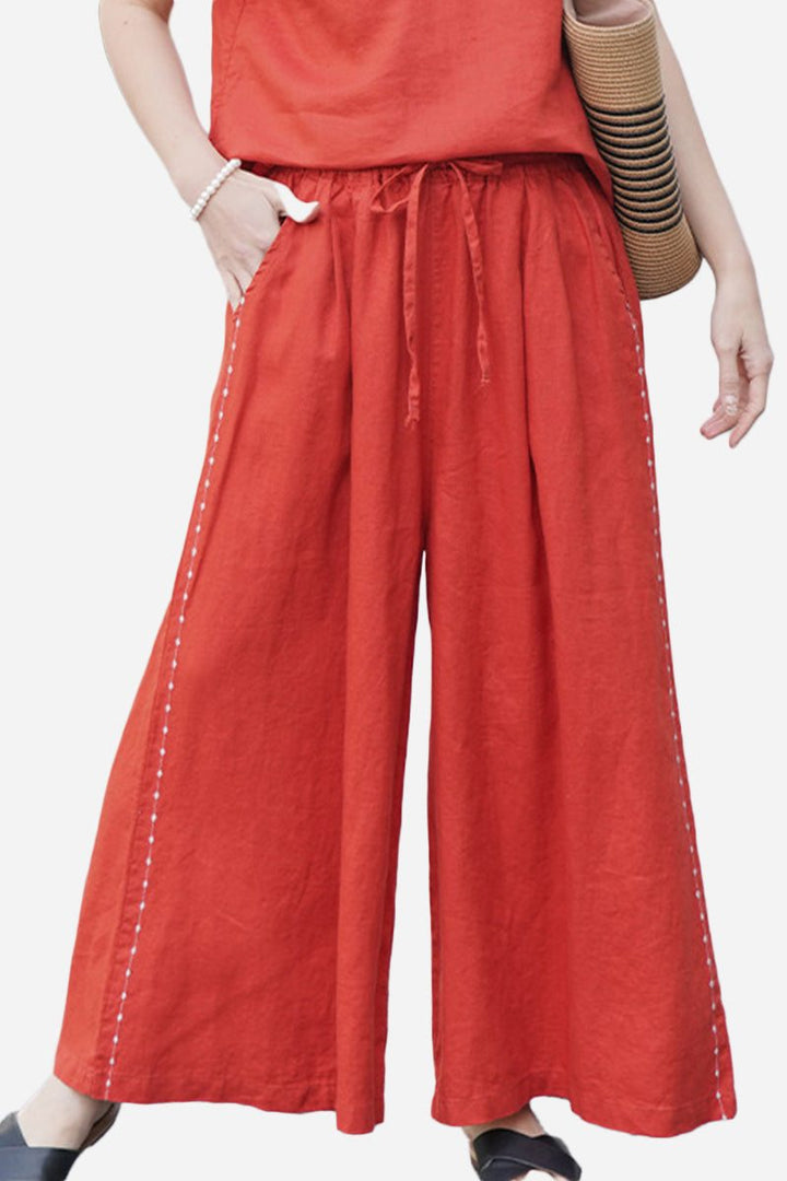 100% Linen One Size Fits All Wide-Leg Pants rusty orange image 1 