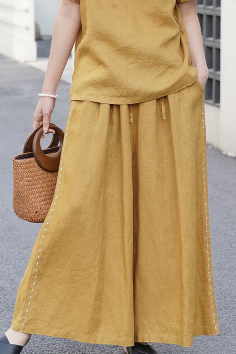 100% Linen One Size Fits All Wide-Leg Pants golden image 4 