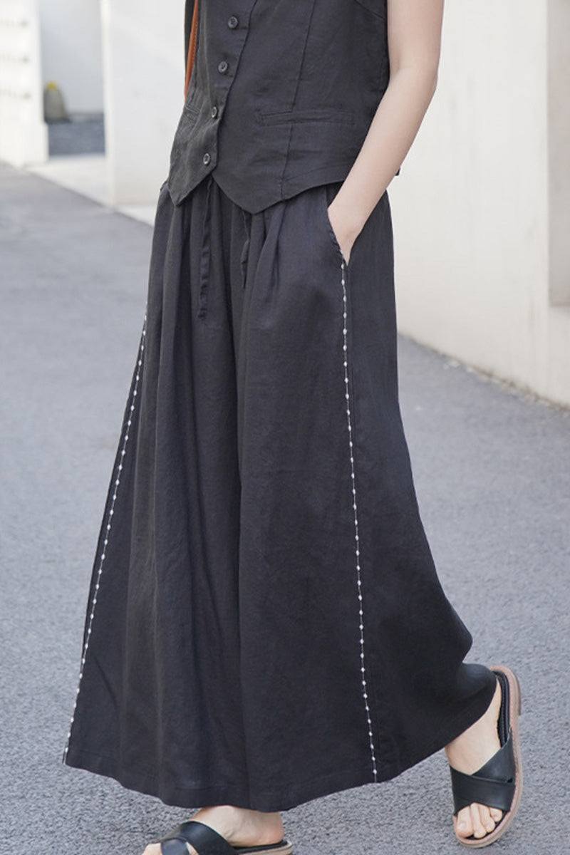 100% Linen One Size Fits All Wide-Leg Pants black image 2 