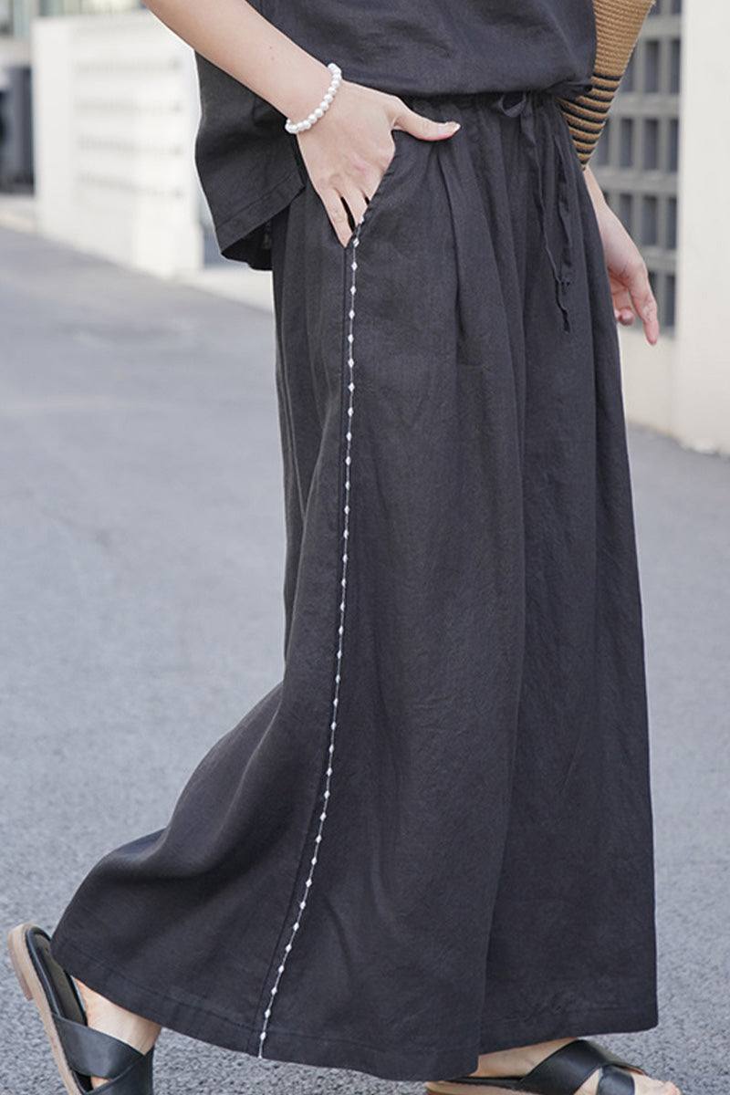 100% Linen One Size Fits All Wide-Leg Pants black image 3 