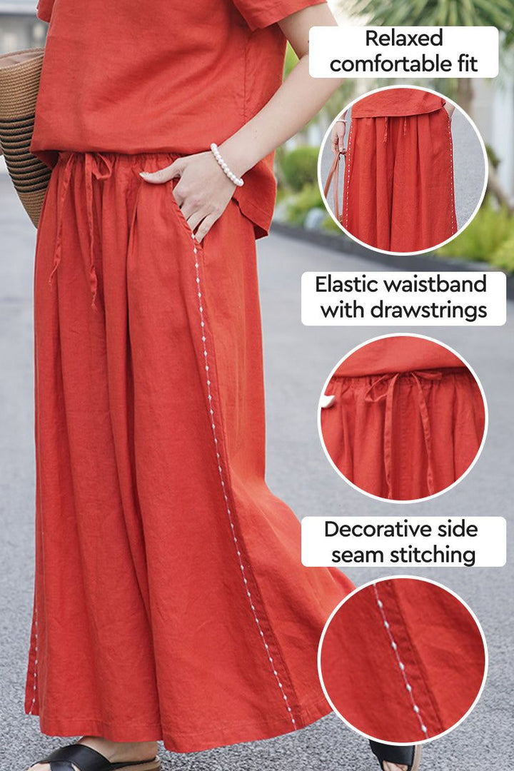 100% Linen One Size Fits All Wide-Leg Pants rusty orange image 2 