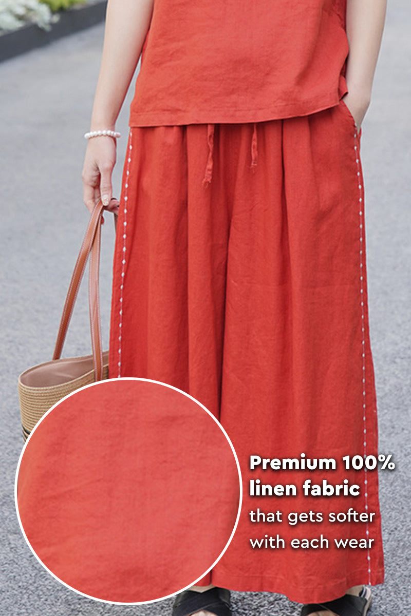100% Linen One Size Fits All Wide-Leg Pants rusty orange image 3 