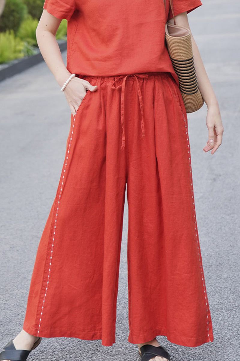 100% Linen One Size Fits All Wide-Leg Pants rusty orange image 4 