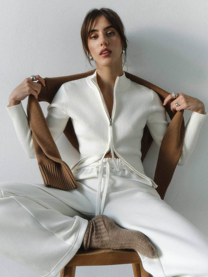 Zip-Up Knit Cardigan Jacket white image 4 