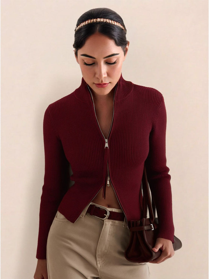Zip-Up Knit Cardigan Jacket burgundy image 1 