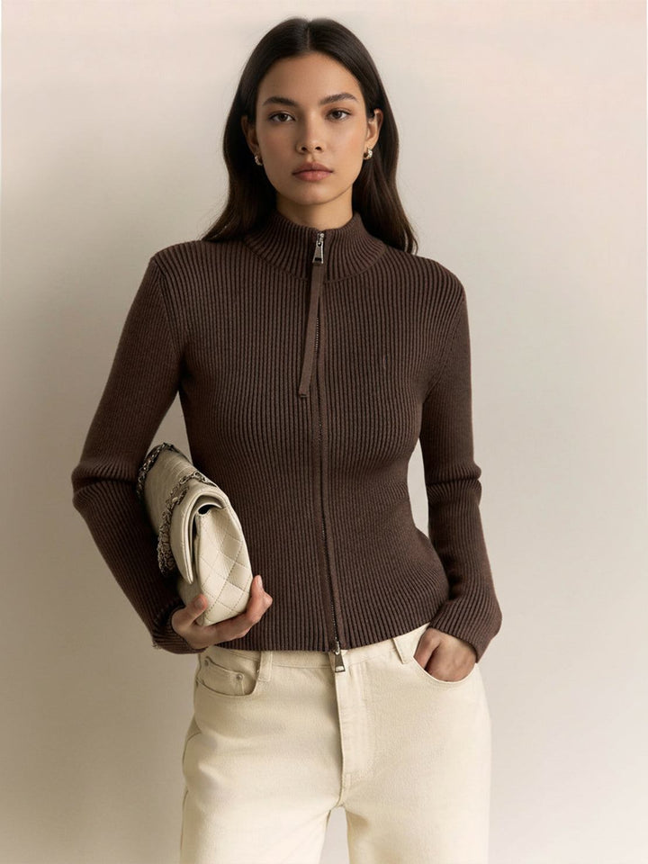 Zip-Up Knit Cardigan Jacket coffee brown image 1 