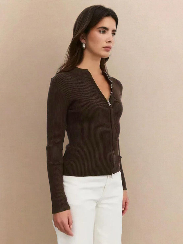 Zip-Up Knit Cardigan Jacket coffee brown image 2 