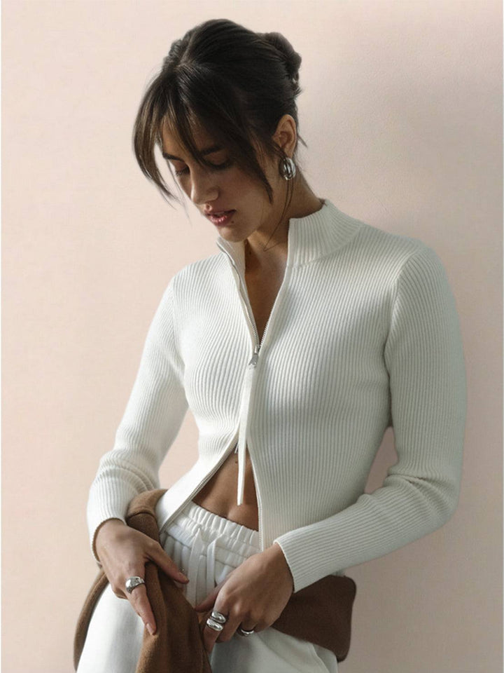 Zip-Up Knit Cardigan Jacket white image 1 