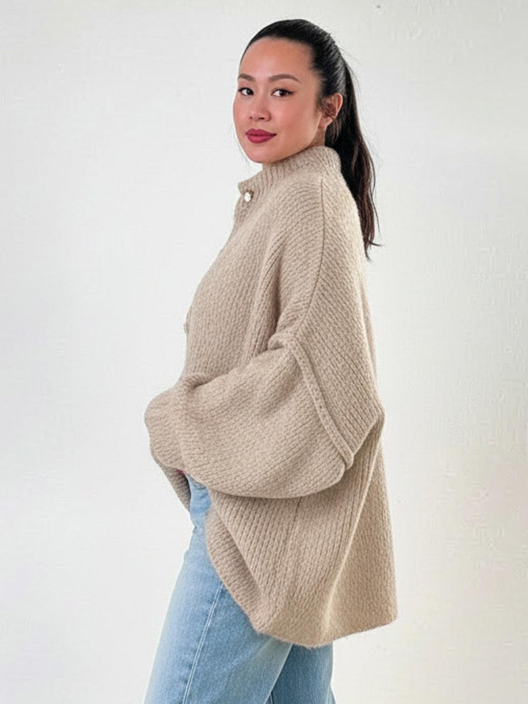 Oversized Button-Front Knit Cardigan beige image 2 