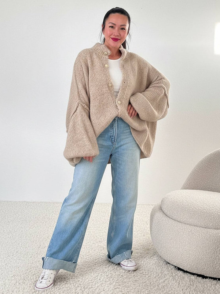 Oversized Button-Front Knit Cardigan beige image 4 