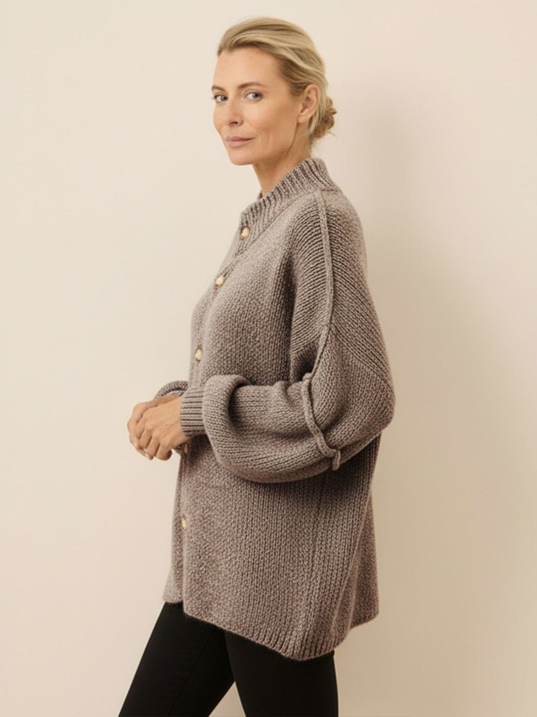 Oversized Button-Front Knit Cardigan dark khaki image 2 