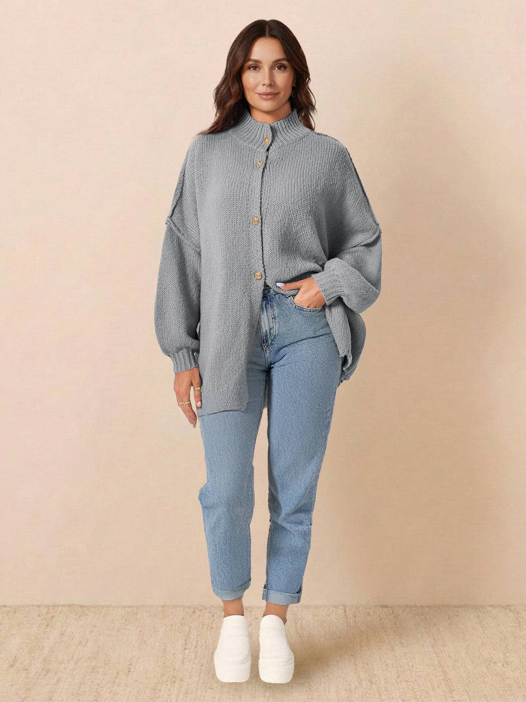 Oversized Button-Front Knit Cardigan light gray image 4 