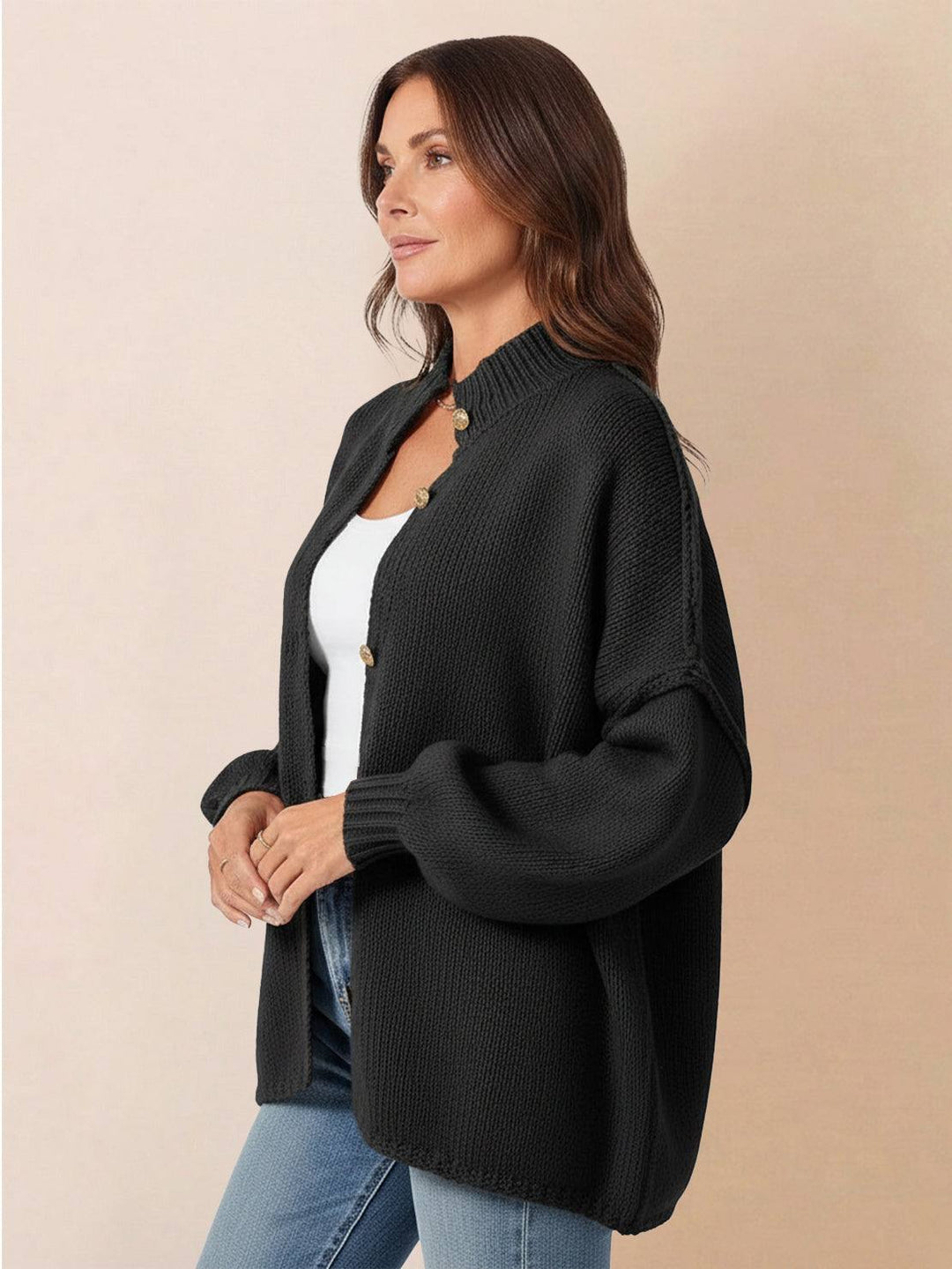 Oversized Button-Front Knit Cardigan black image 2 