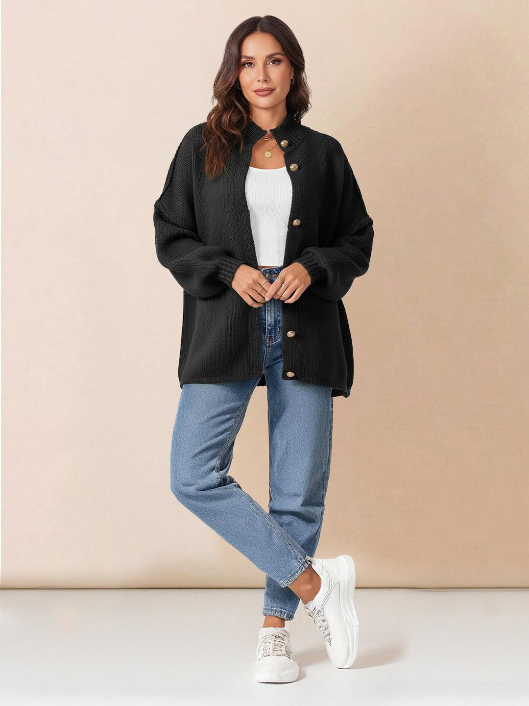 Oversized Button-Front Knit Cardigan black image 4 