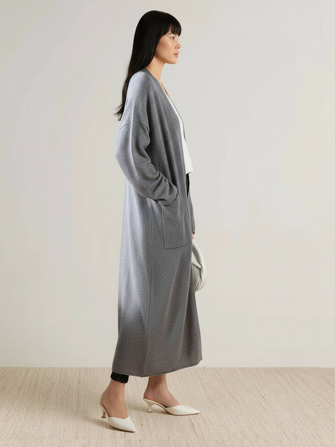100% Australian Merino Wool Long Cardigan light gray image 2 