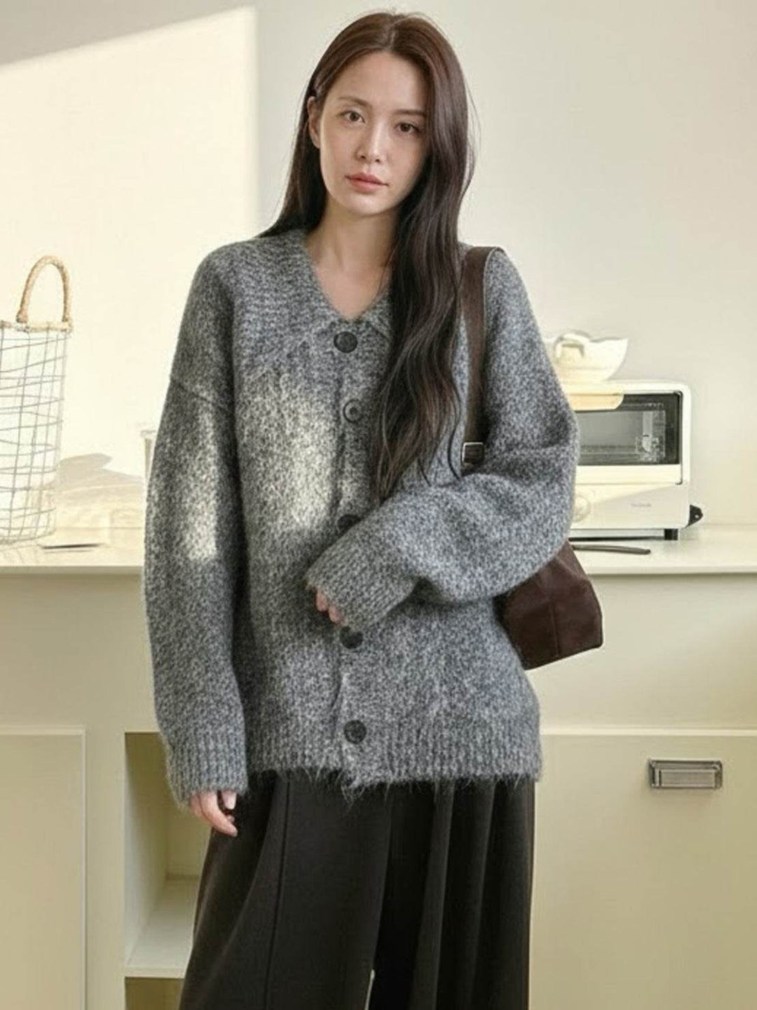 Wool-Blend Button-Front Cardigan dark gray image 7 