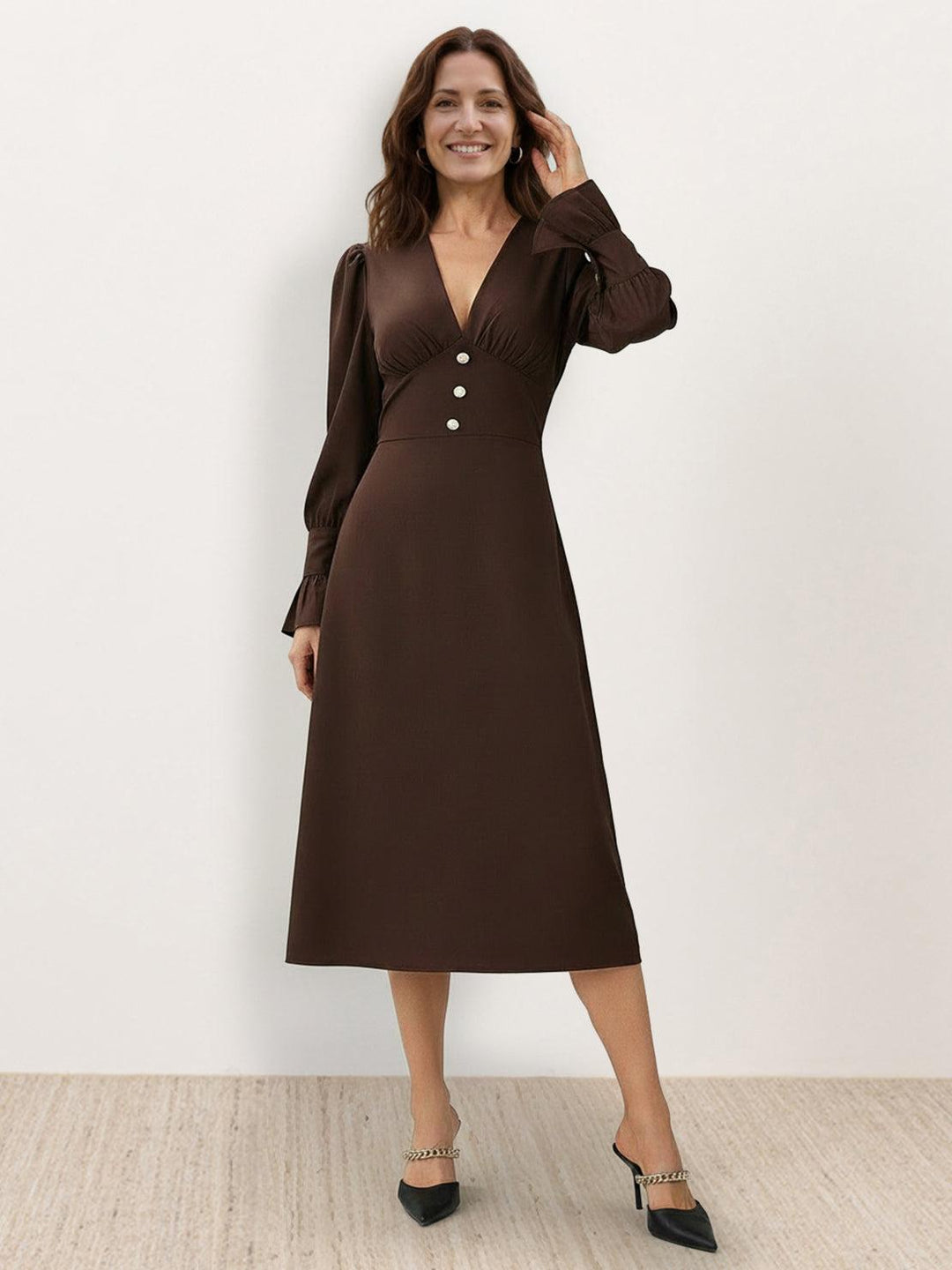 Slimming V-Neck Midi Dress coffee brown image 1 