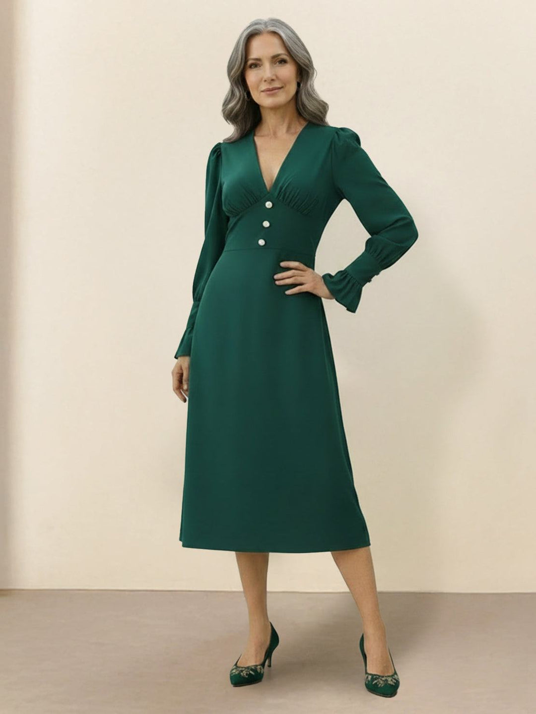 Slimming V-Neck Midi Dress dark green image 1 