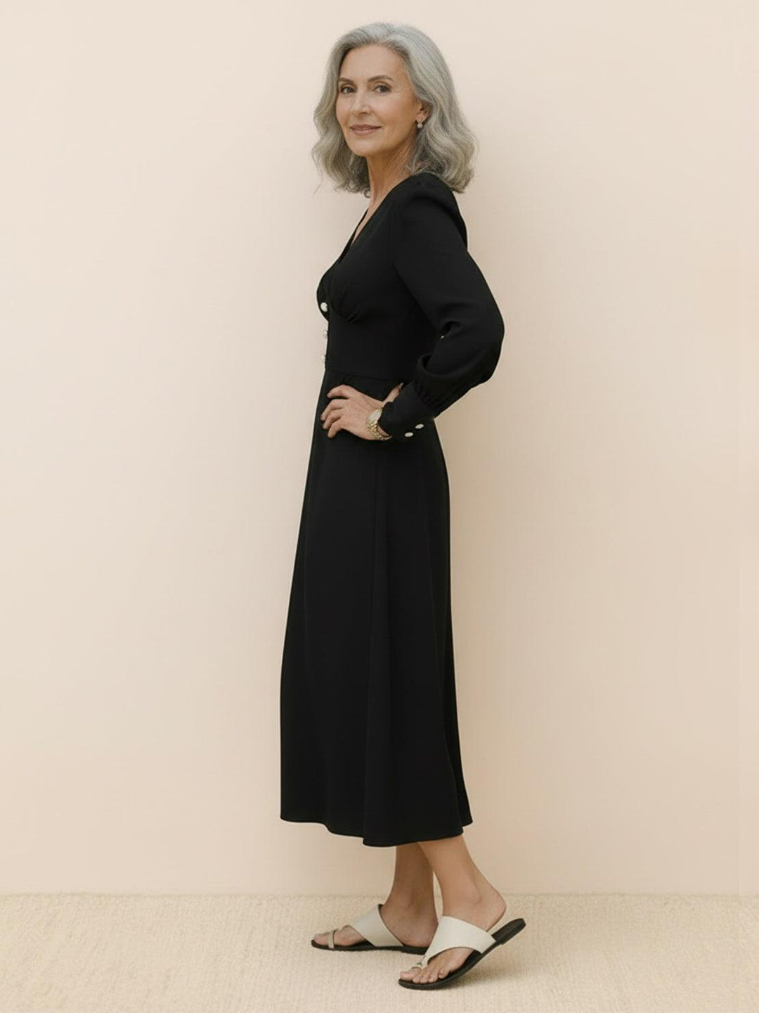 Slimming V-Neck Midi Dress black image 2 