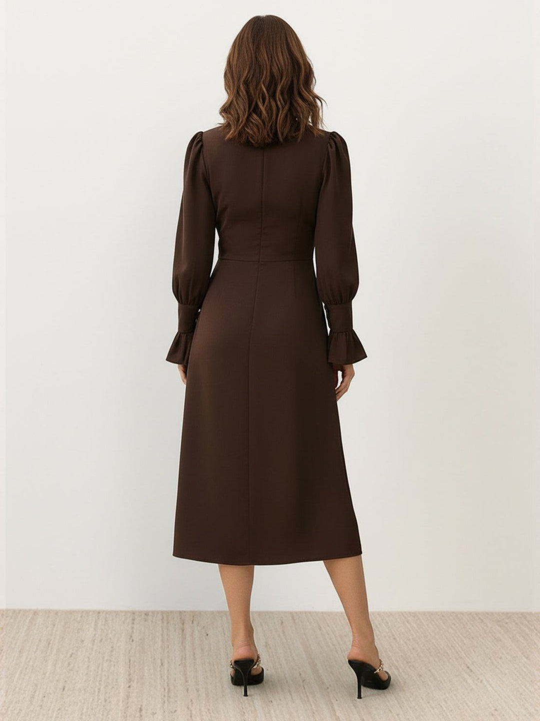 Slimming V-Neck Midi Dress coffee brown image 3 