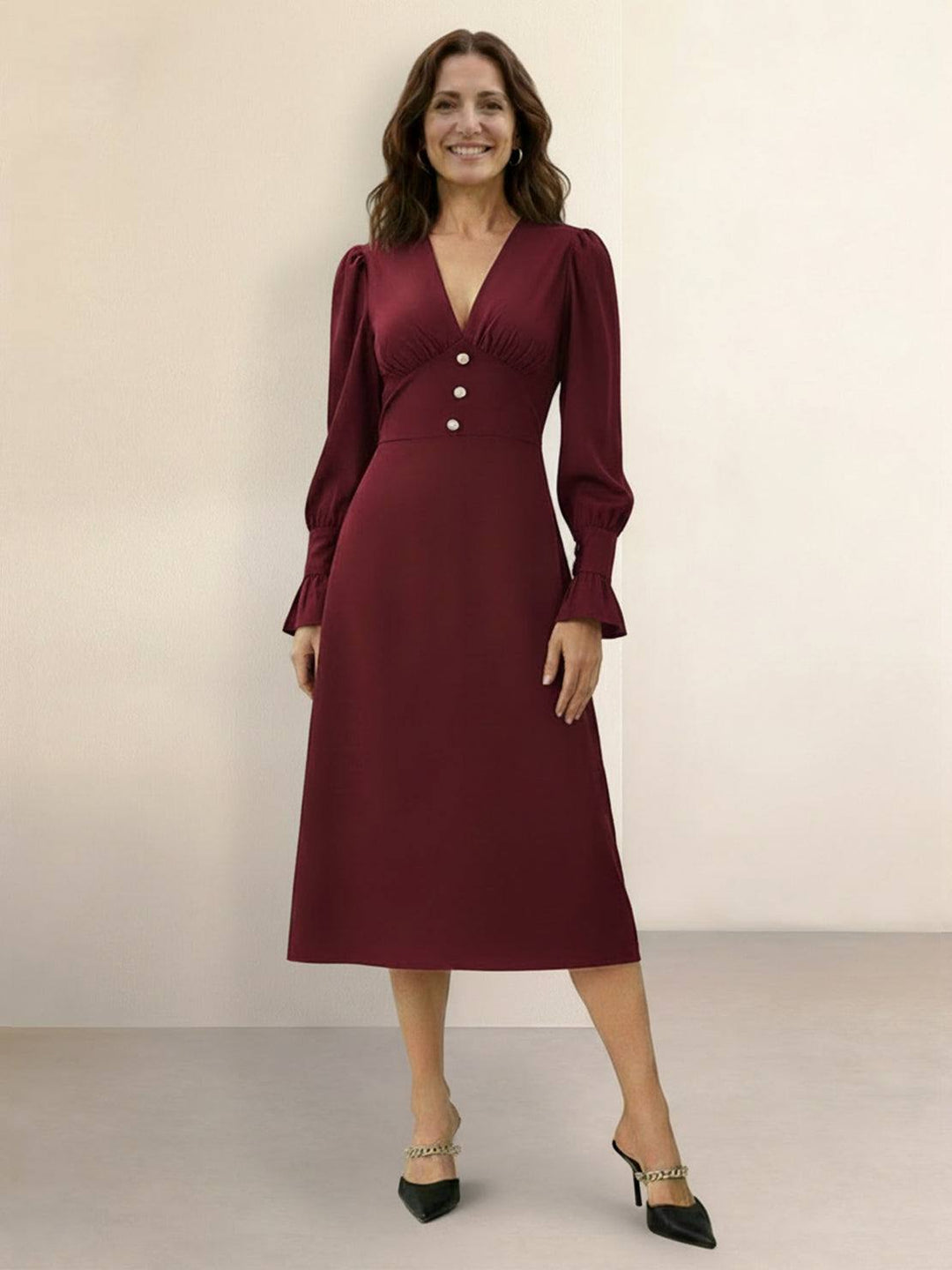 Slimming V-Neck Midi Dress wine red image 1 