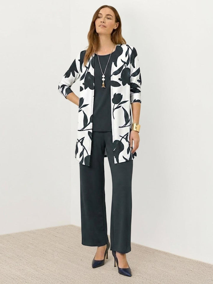 Open-Front Three-Piece Co-Ord floral gray image 1 