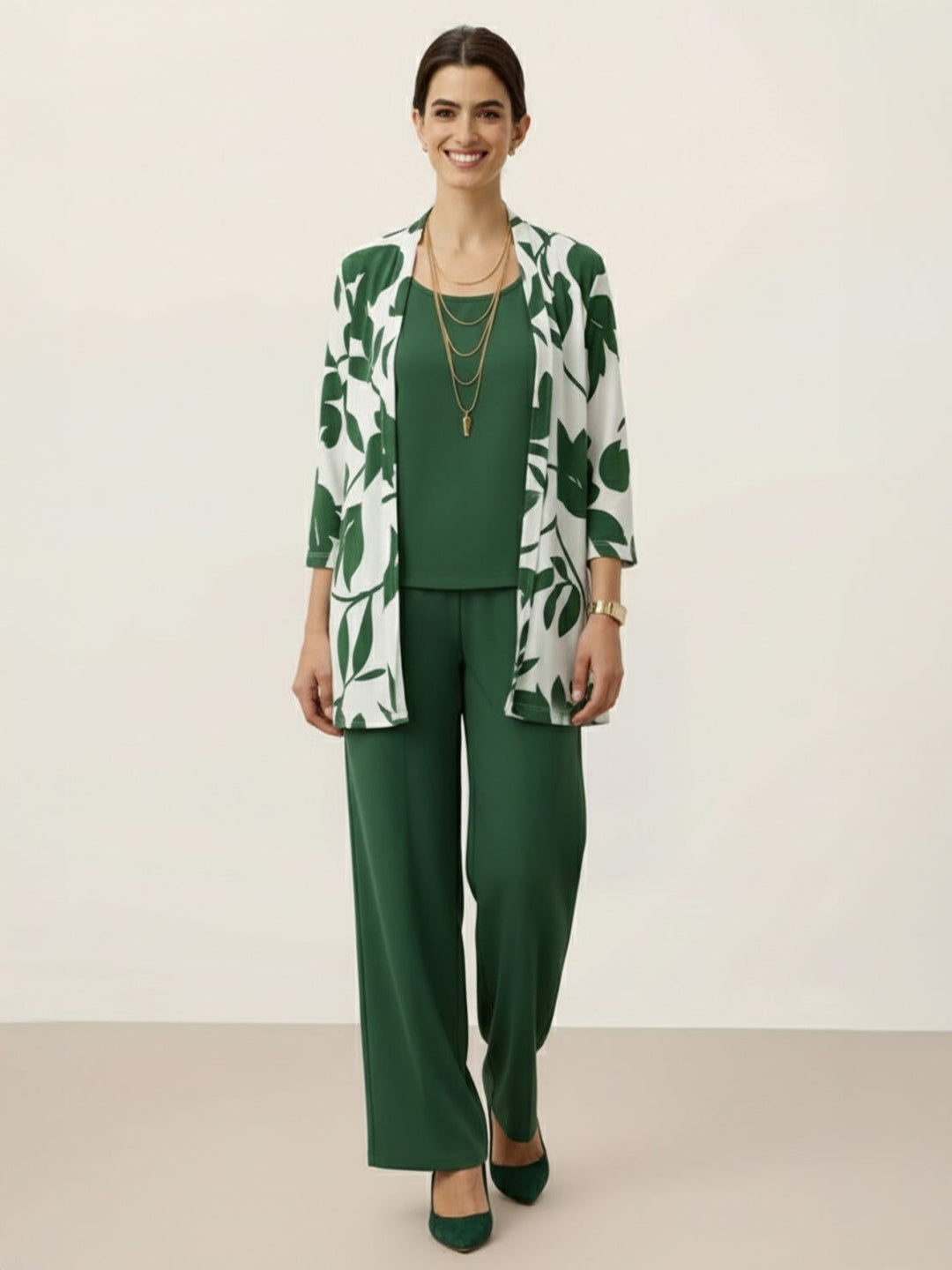 Open-Front Three-Piece Co-Ord floral green image 1 