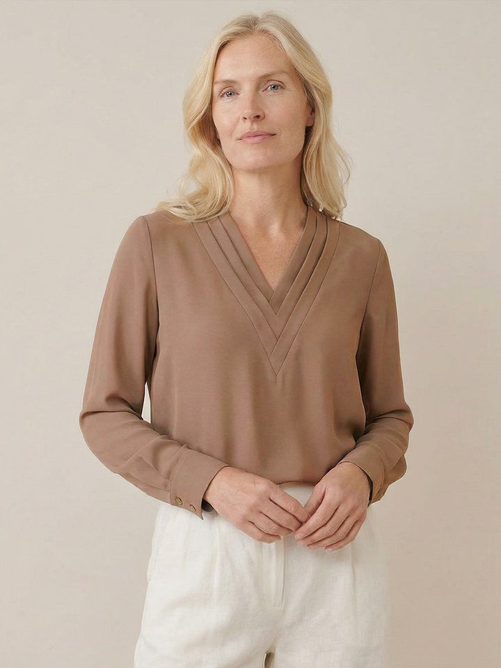 Pleated V-Neck Long-Sleeve khaki image 1 