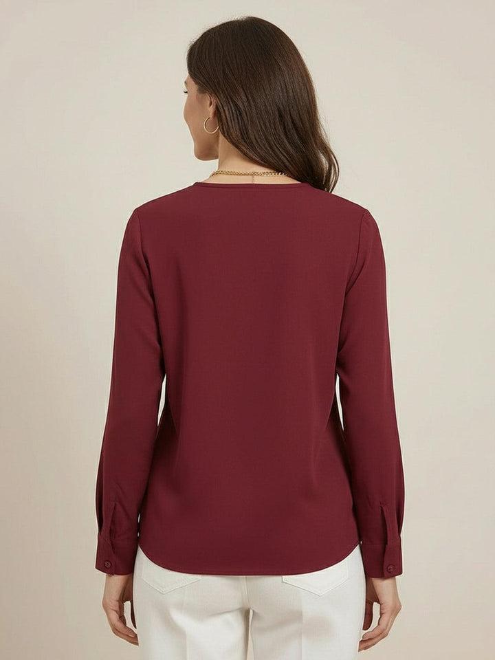 Pleated V-Neck Long-Sleeve wine red image 3 